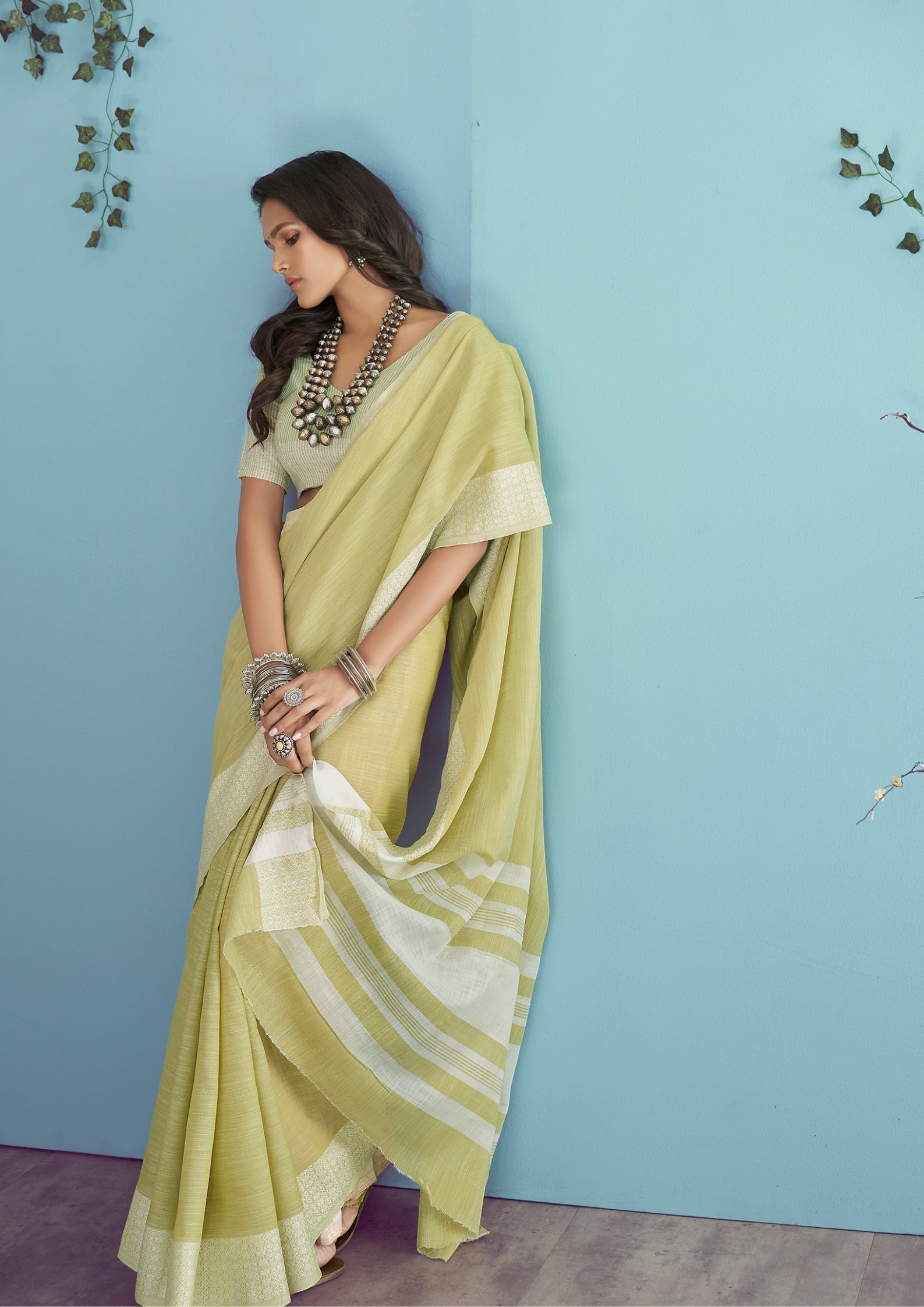 Linen Silk With Chikankari Weaved Border Lime Green Saree