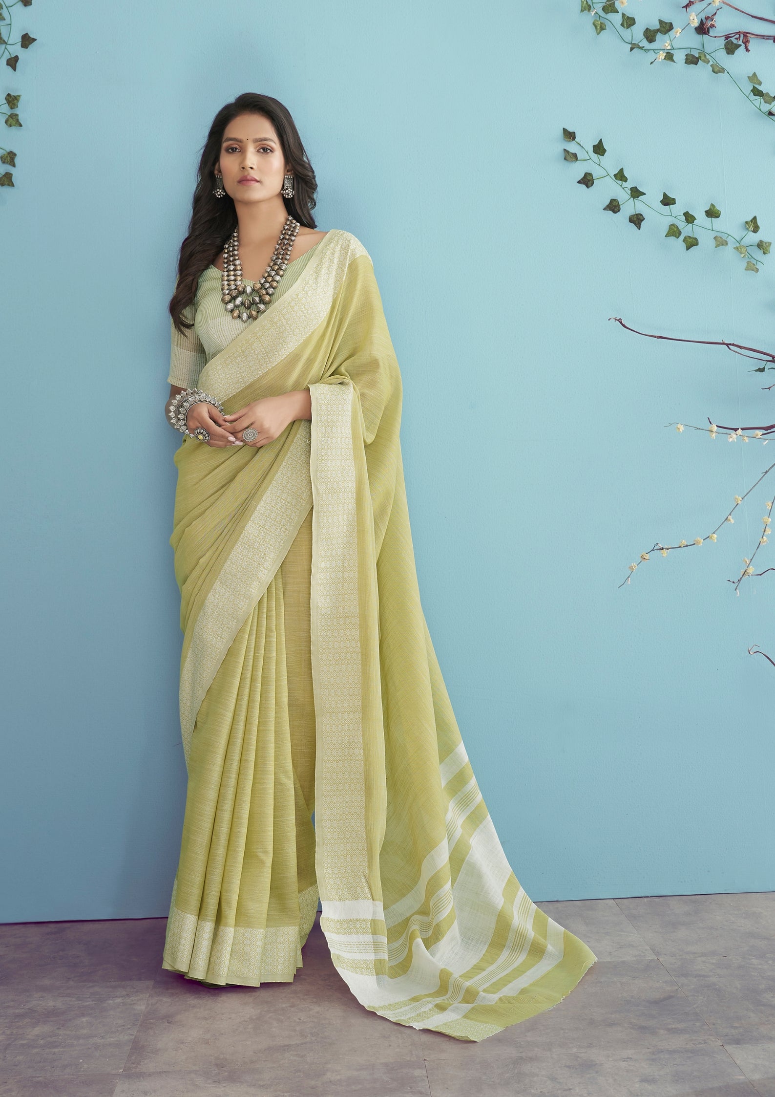 Linen Silk With Chikankari Weaved Border Lime Green Saree