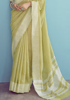 Linen Silk With Chikankari Weaved Border Lime Green Saree