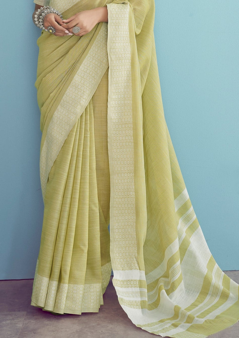 Linen Silk With Chikankari Weaved Border Lime Green Saree