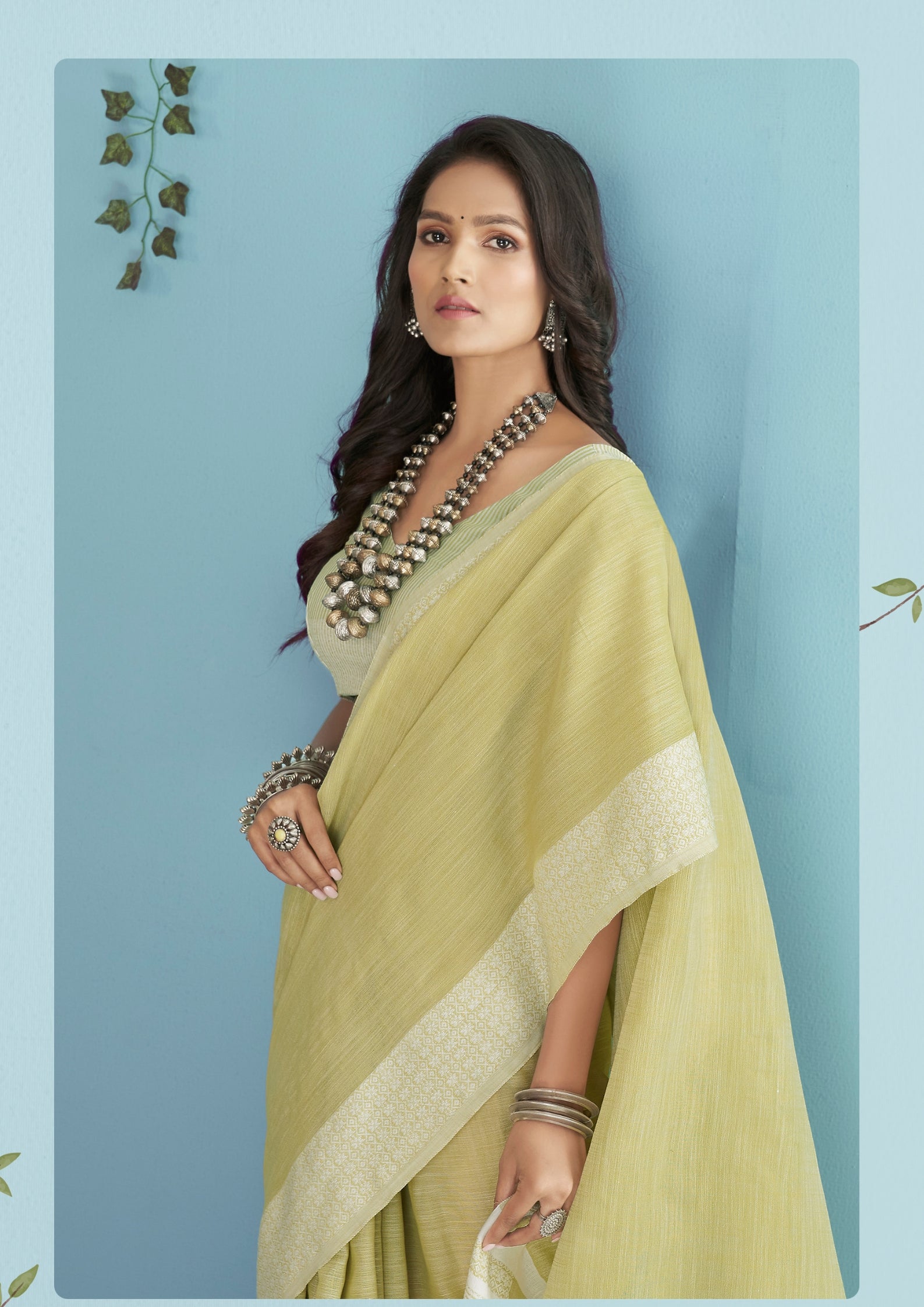 Linen Silk With Chikankari Weaved Border Lime Green Saree