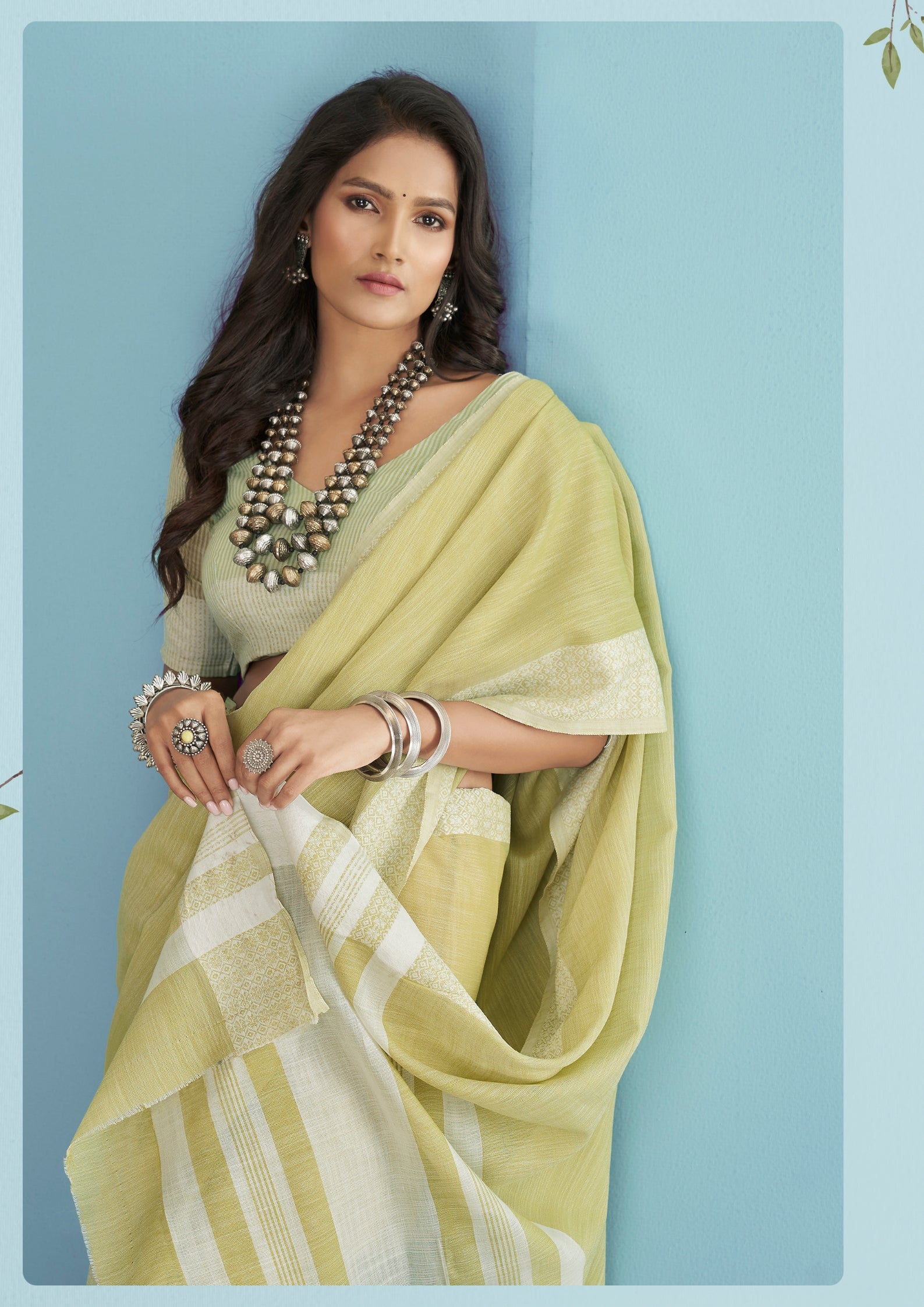 Linen Silk With Chikankari Weaved Border Lime Green Saree