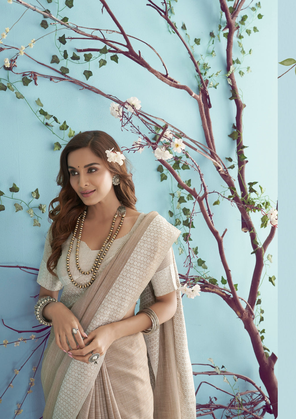 Linen Silk With Chikankari Weaved Border Beige Saree