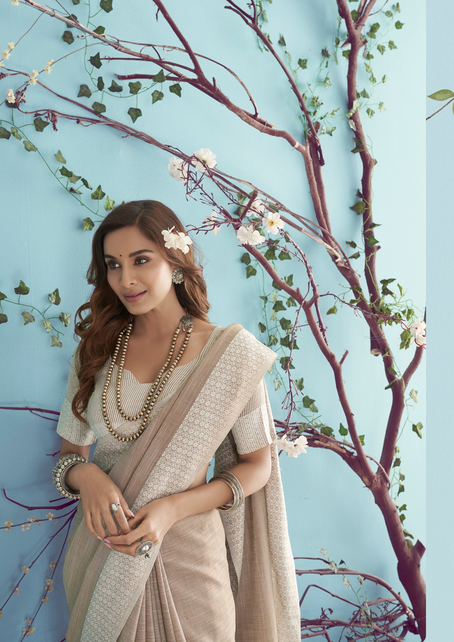 Linen Silk With Chikankari Weaved Border Beige Saree