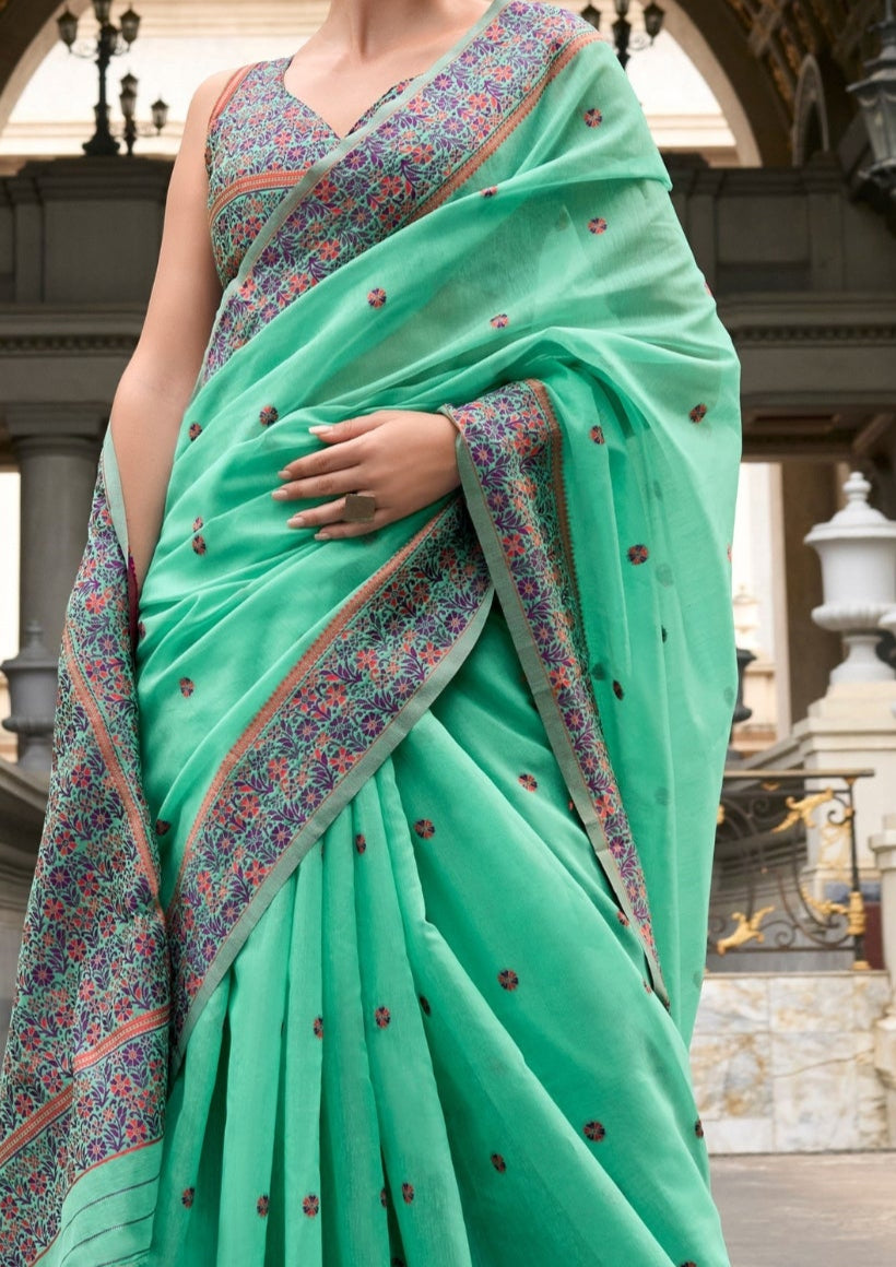 Soft Linen Cotton Mint Green Saree with a Pink Border