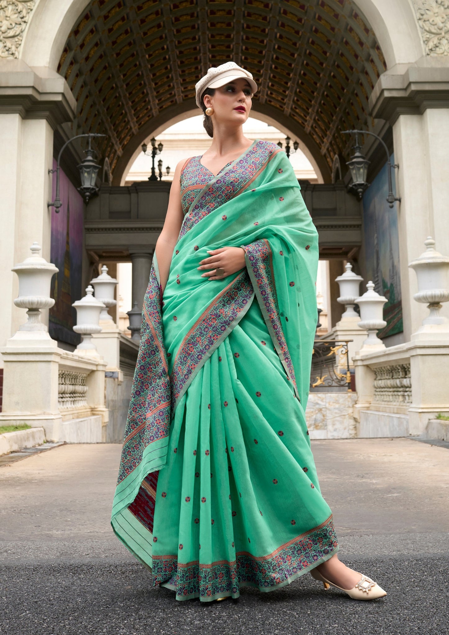 Soft Linen Cotton Mint Green Saree with a Pink Border