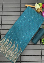 Blue Sequin Party Wear  Georgette Saree