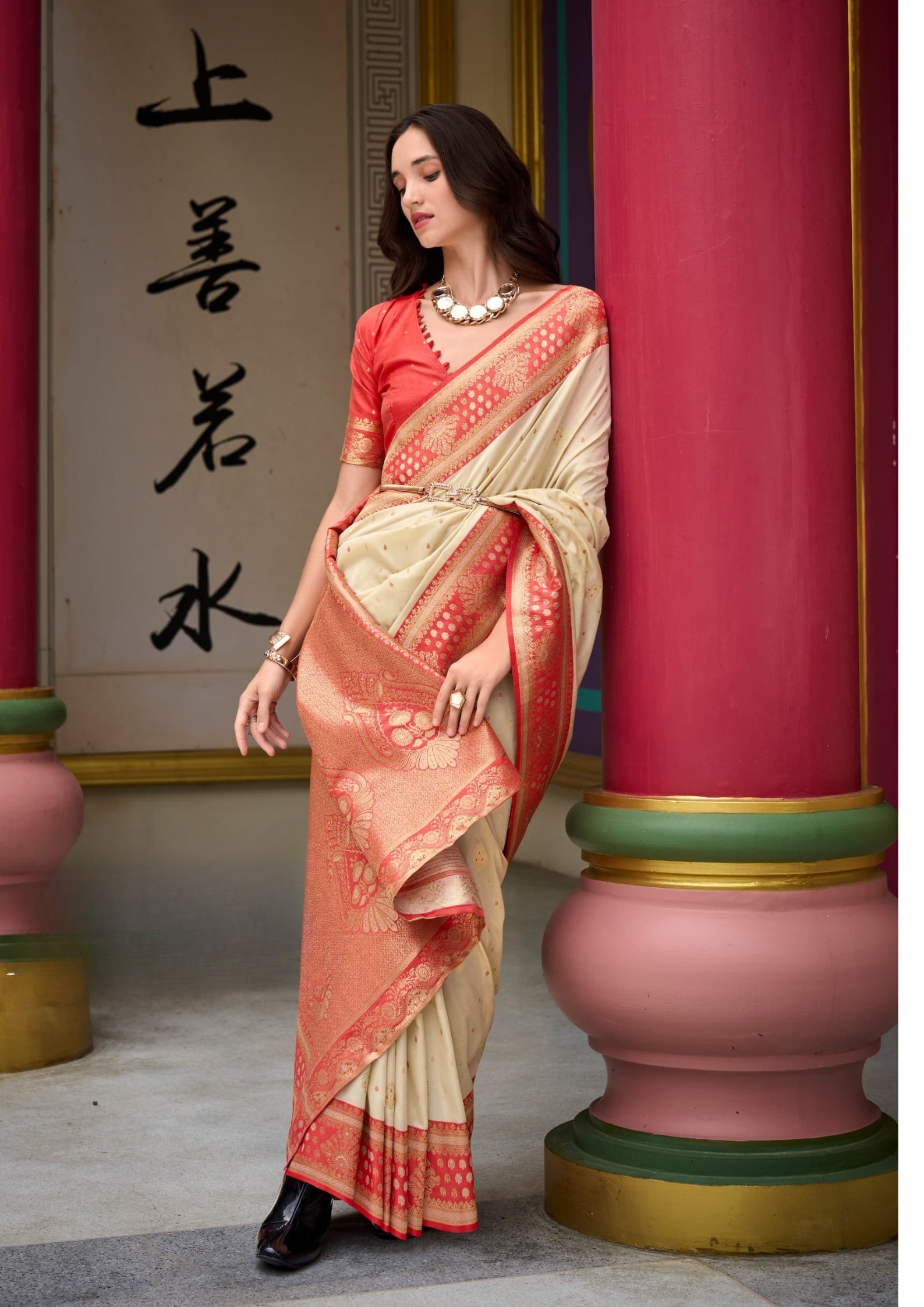 Kanjivaram Tissue Silk  Exotic Zari Work Red Border Off White Saree