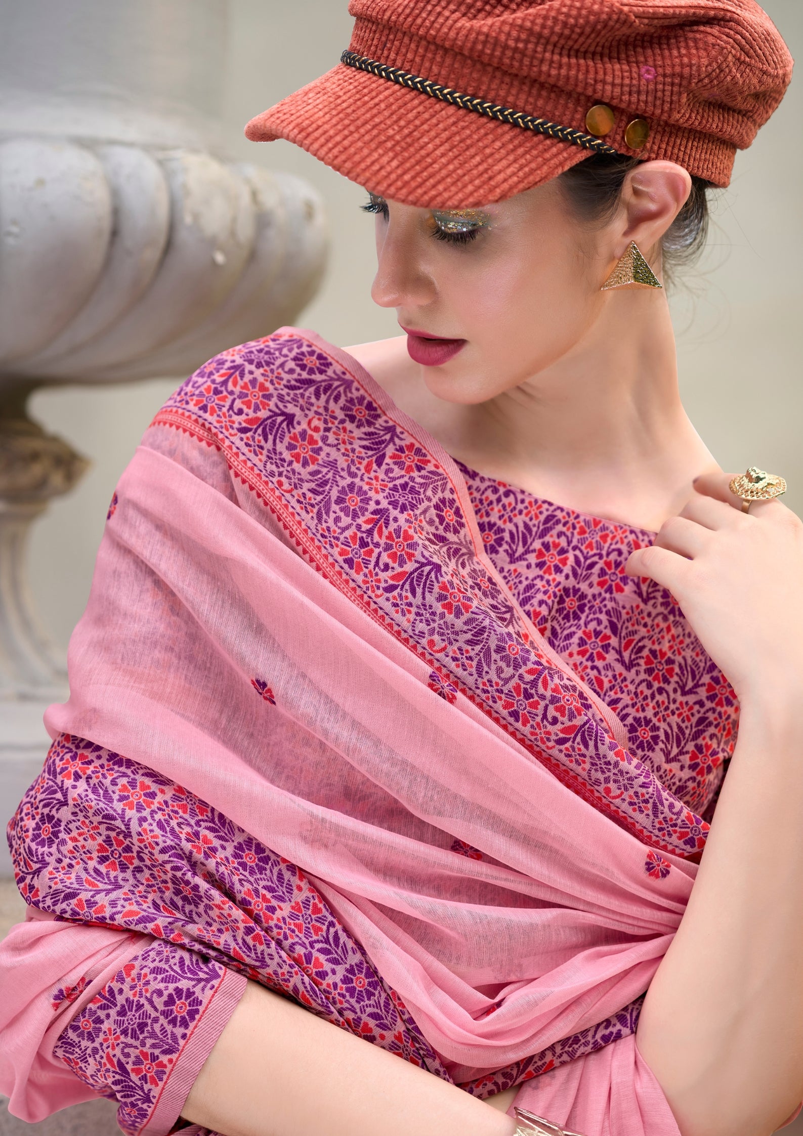 Soft Linen Cotton Pastel Pink Saree with a Pink and Blue Border