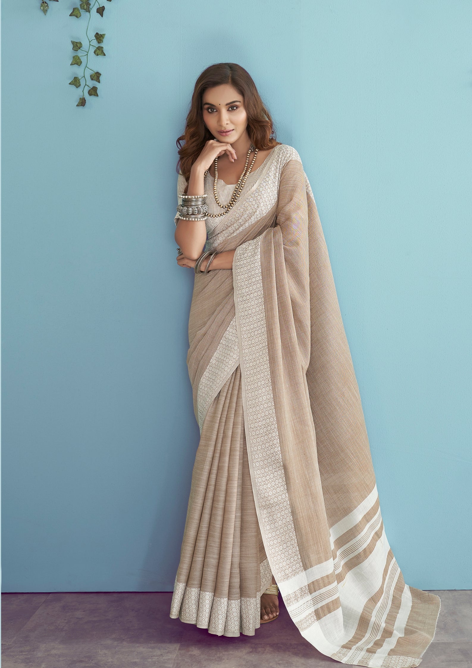 Linen Silk With Chikankari Weaved Border Beige Saree