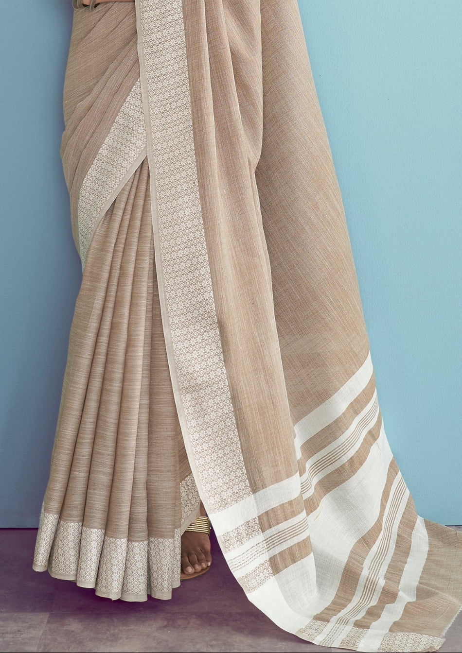 Linen Silk With Chikankari Weaved Border Beige Saree
