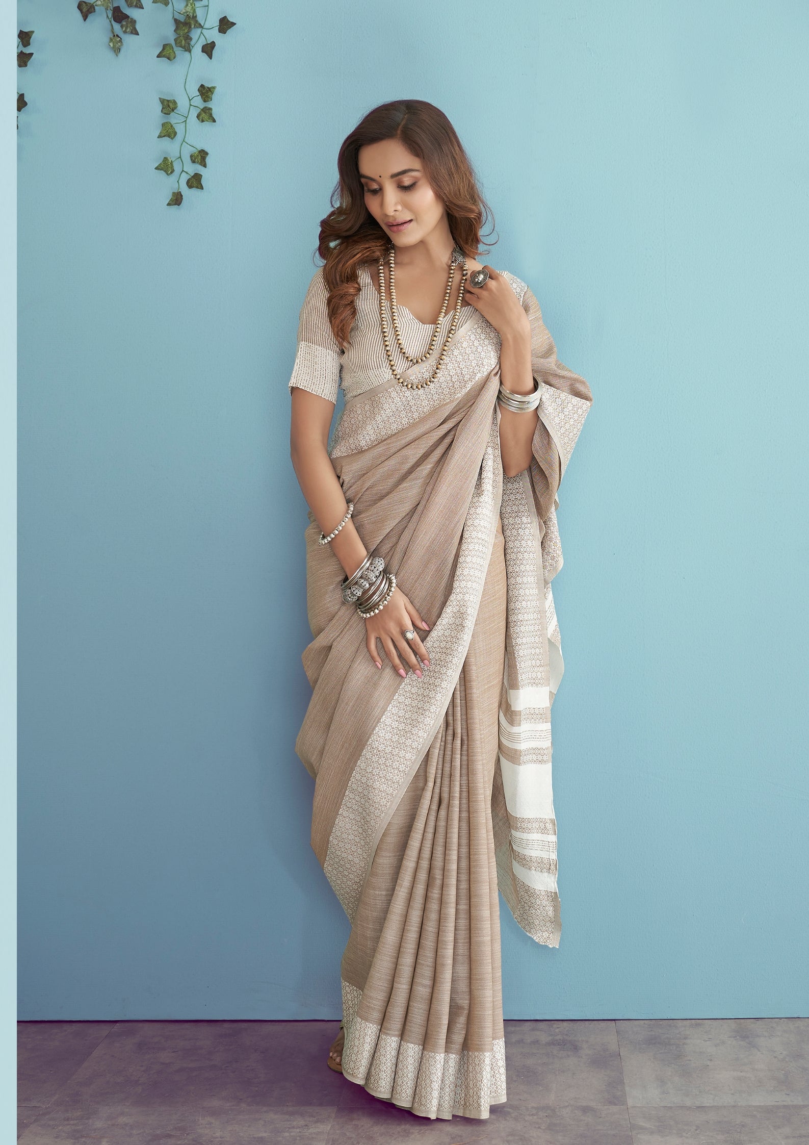 Linen Silk With Chikankari Weaved Border Beige Saree