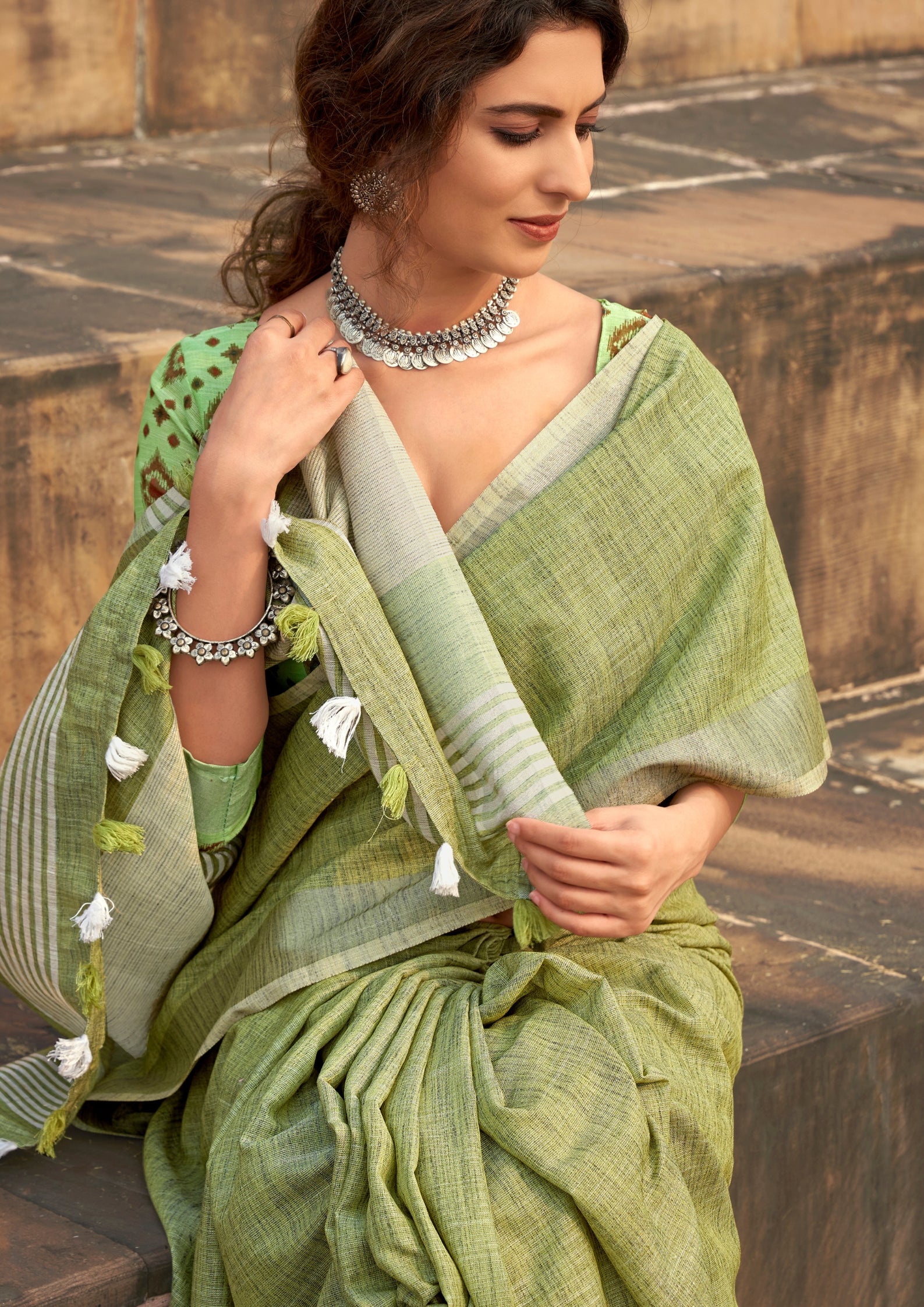 Soft Linen Silk With Khadi Print Pistachio Green Saree