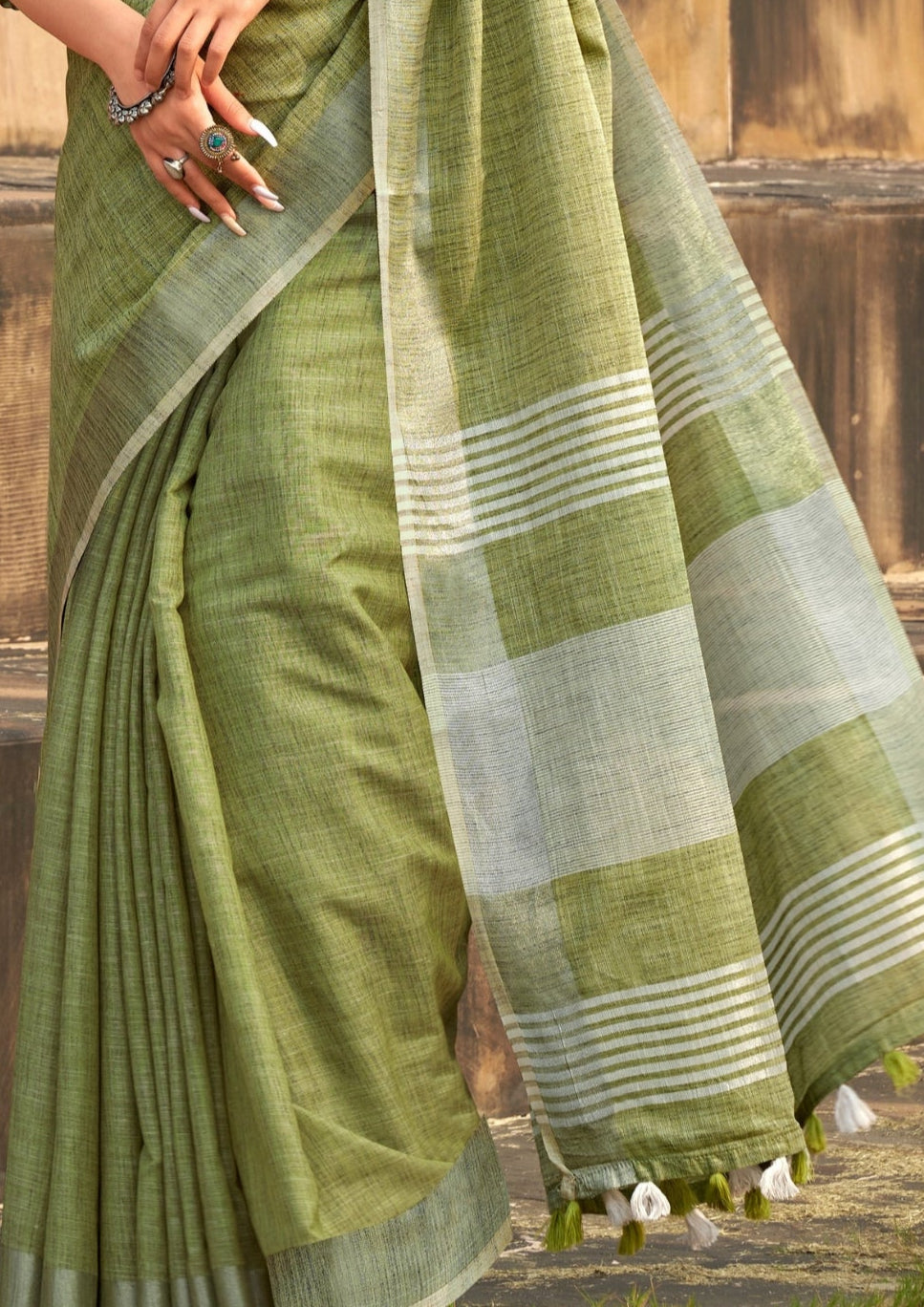 Soft Linen Silk With Khadi Print Pistachio Green Saree