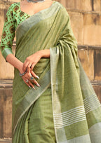Soft Linen Silk With Khadi Print Pistachio Green Saree