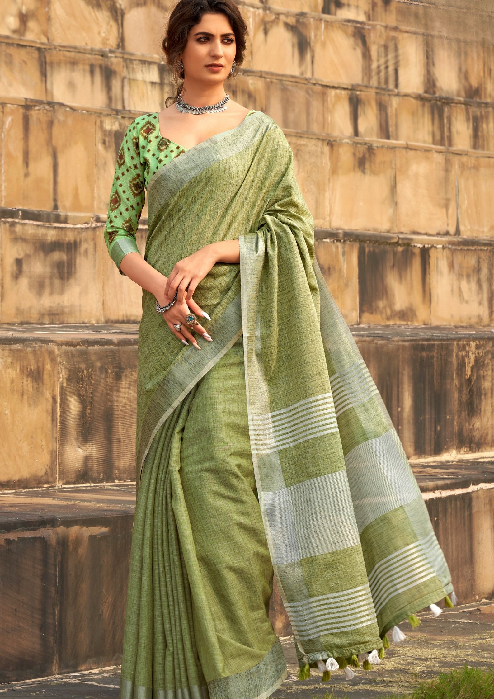 Soft Linen Silk With Khadi Print Pistachio Green Saree