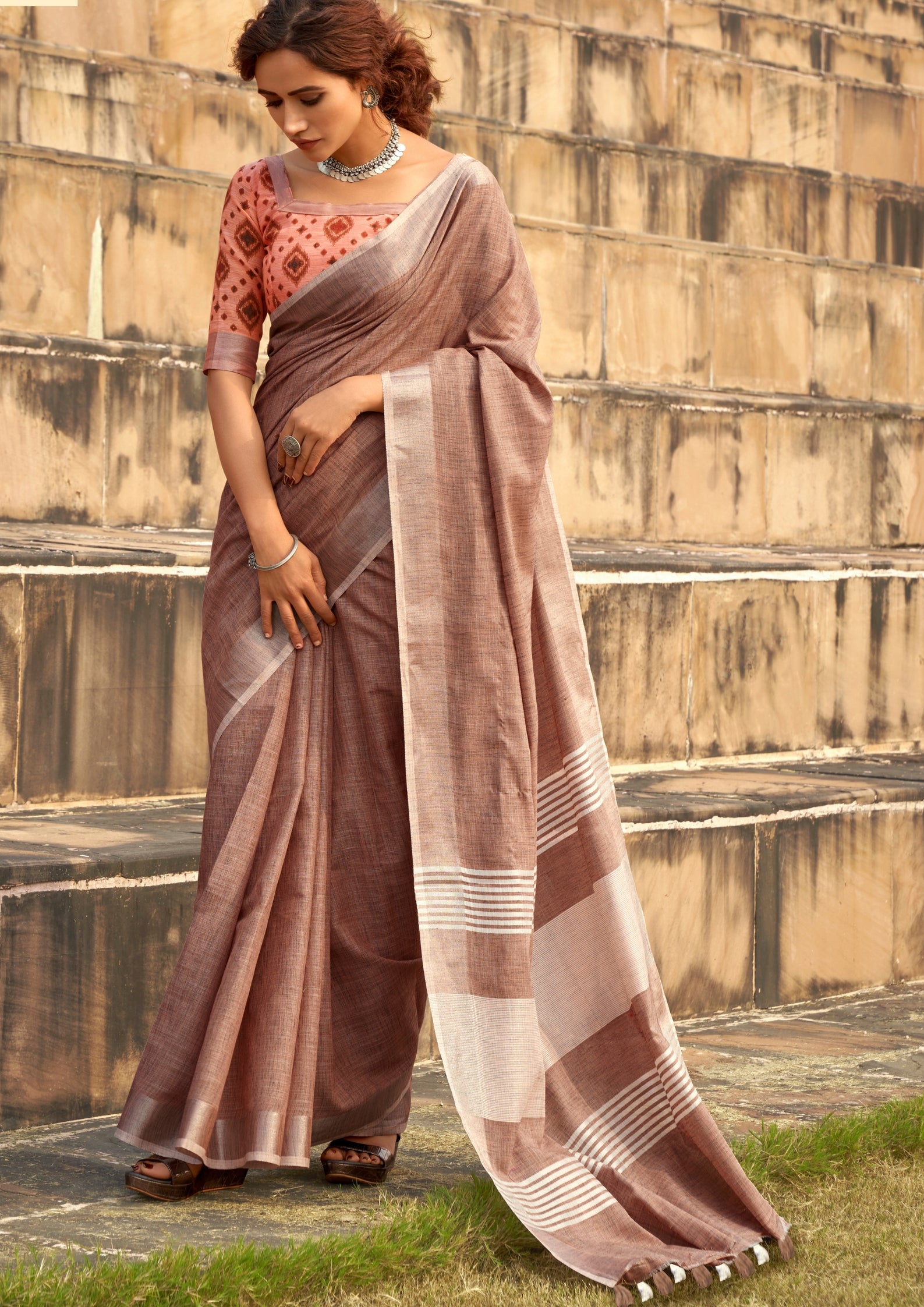 Soft Linen Silk With Khadi Print Dusky Pink Saree