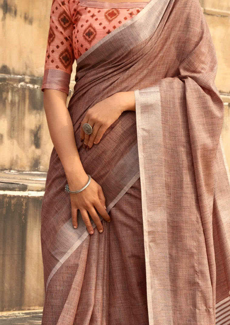 Soft Linen Silk With Khadi Print Dusky Pink Saree