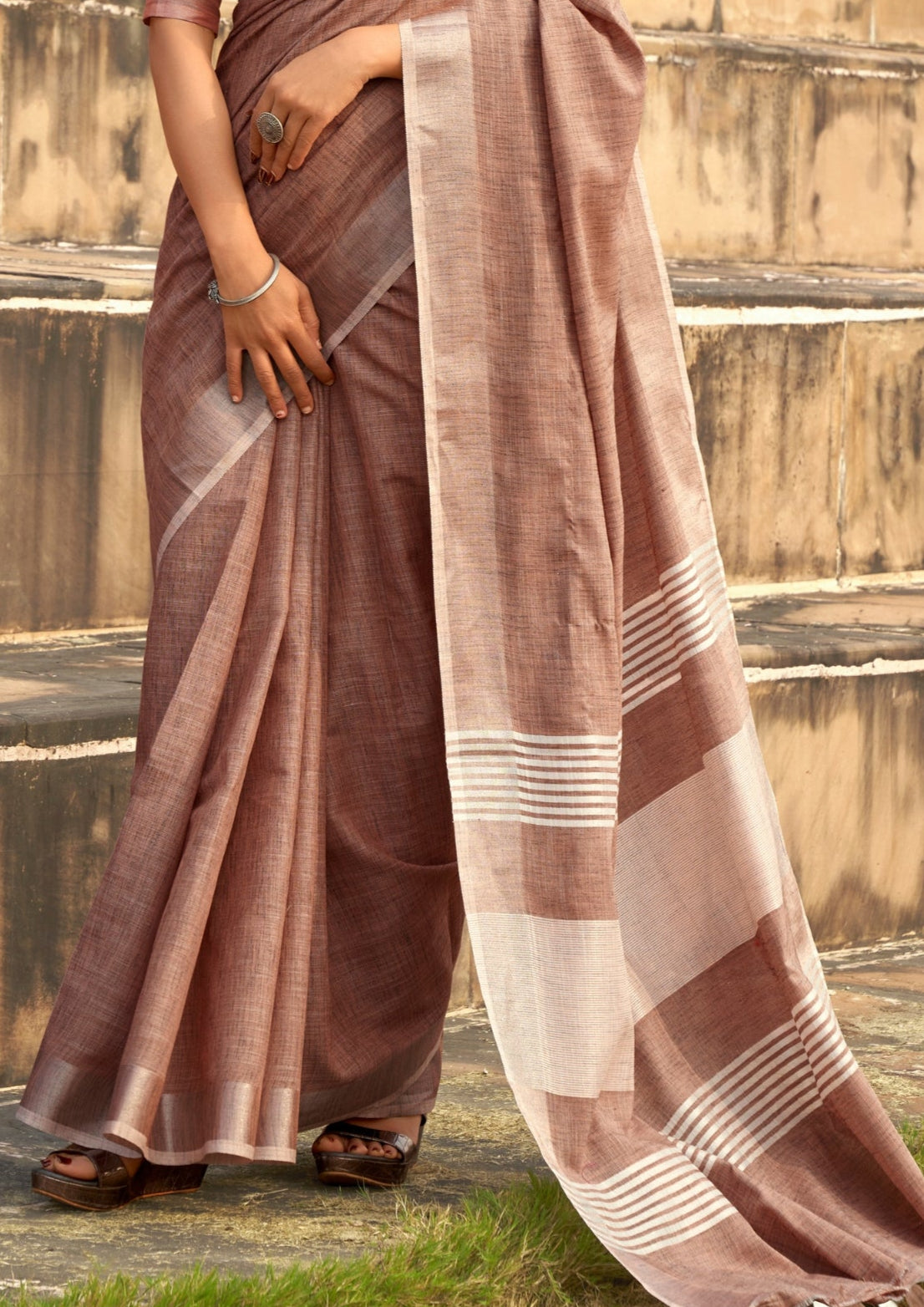 Soft Linen Silk With Khadi Print Dusky Pink Saree