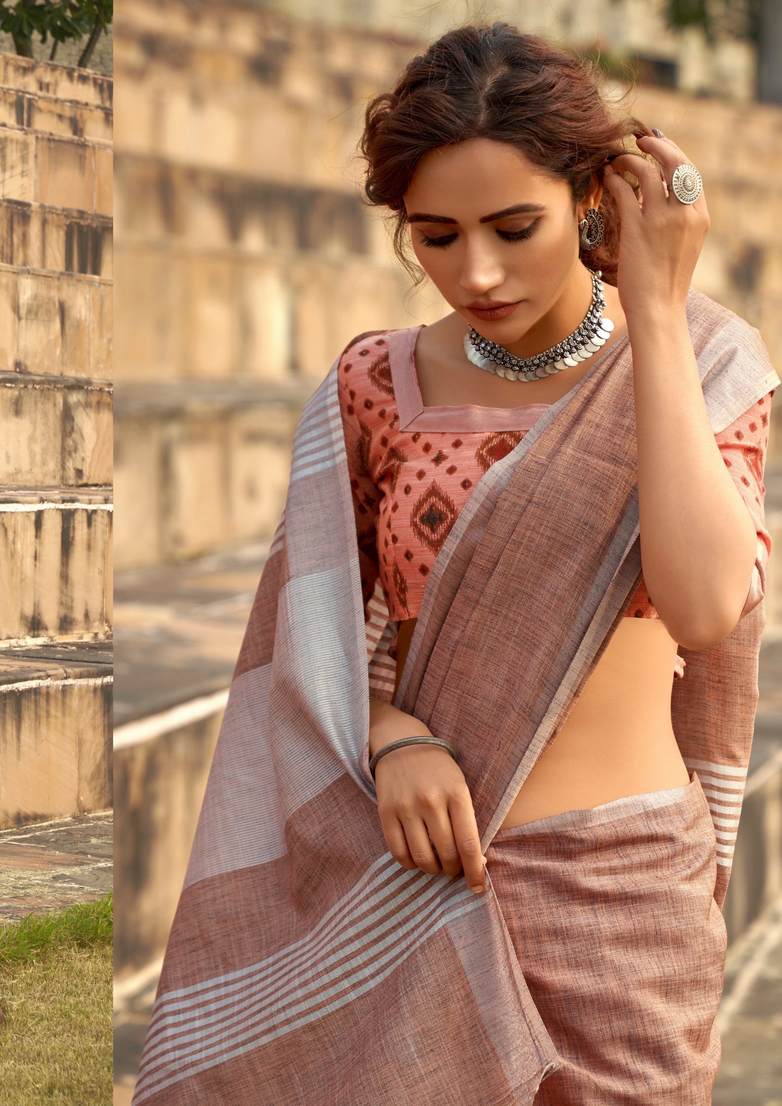 Soft Linen Silk With Khadi Print Dusky Pink Saree