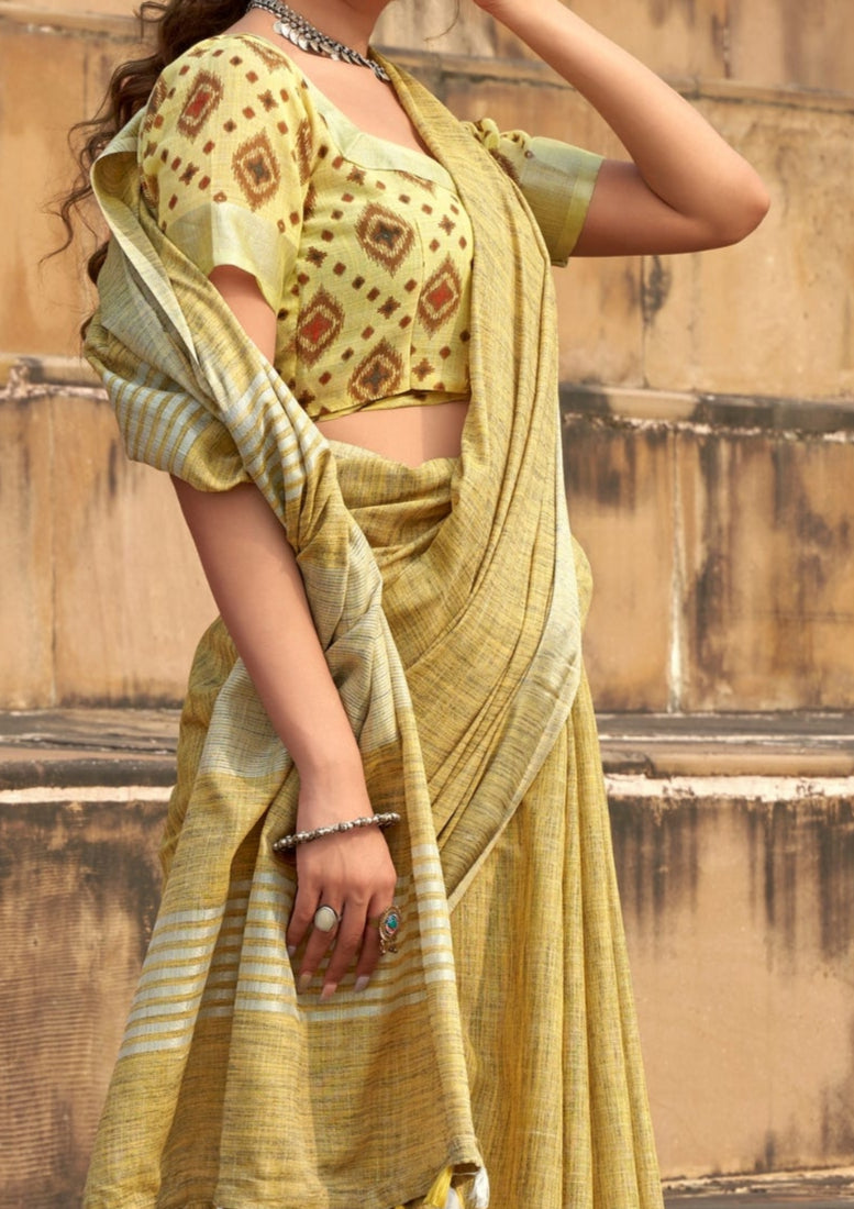 Soft Linen Silk With Khadi Print Mustard Yellow Saree