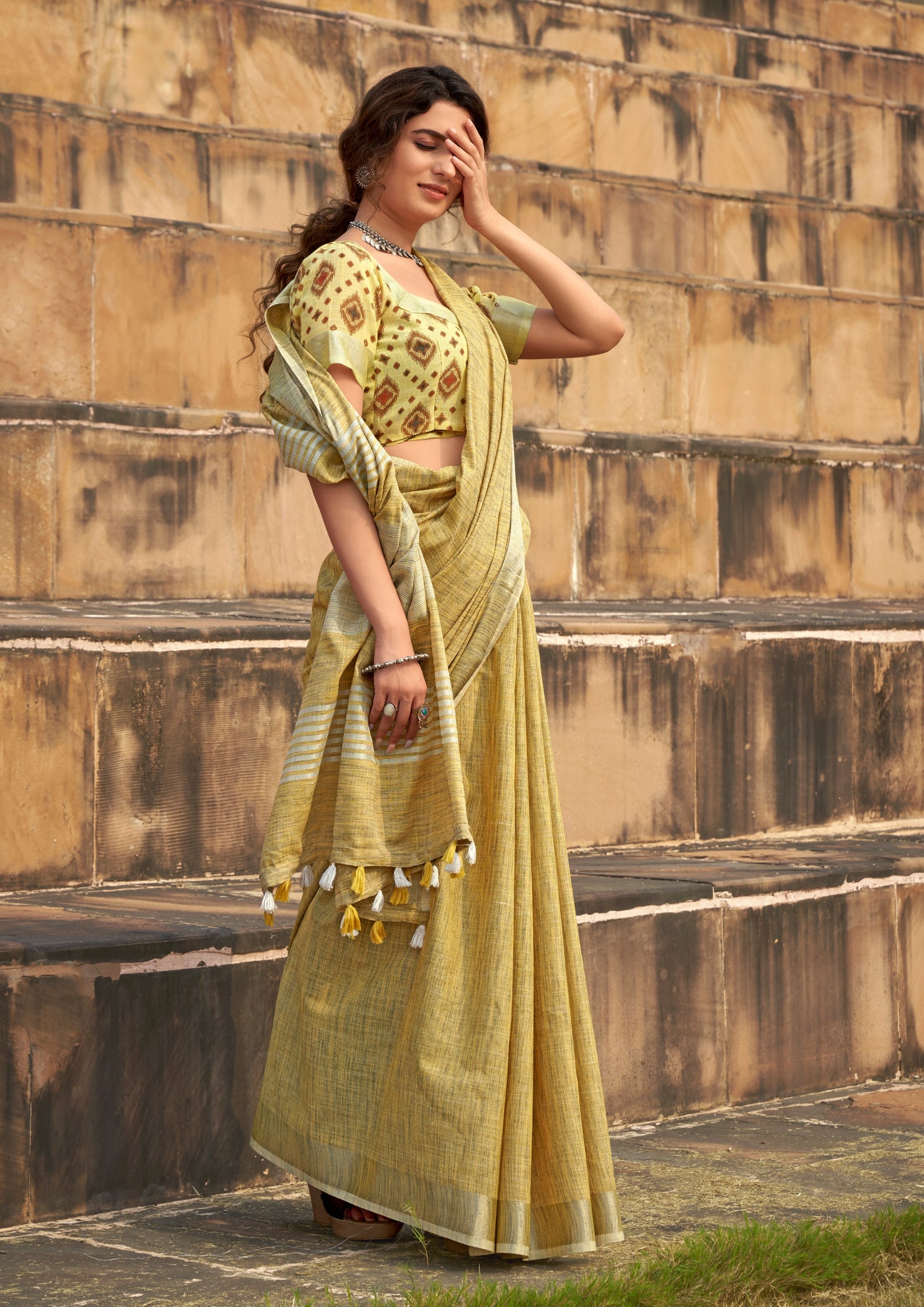 Soft Linen Silk With Khadi Print Mustard Yellow Saree