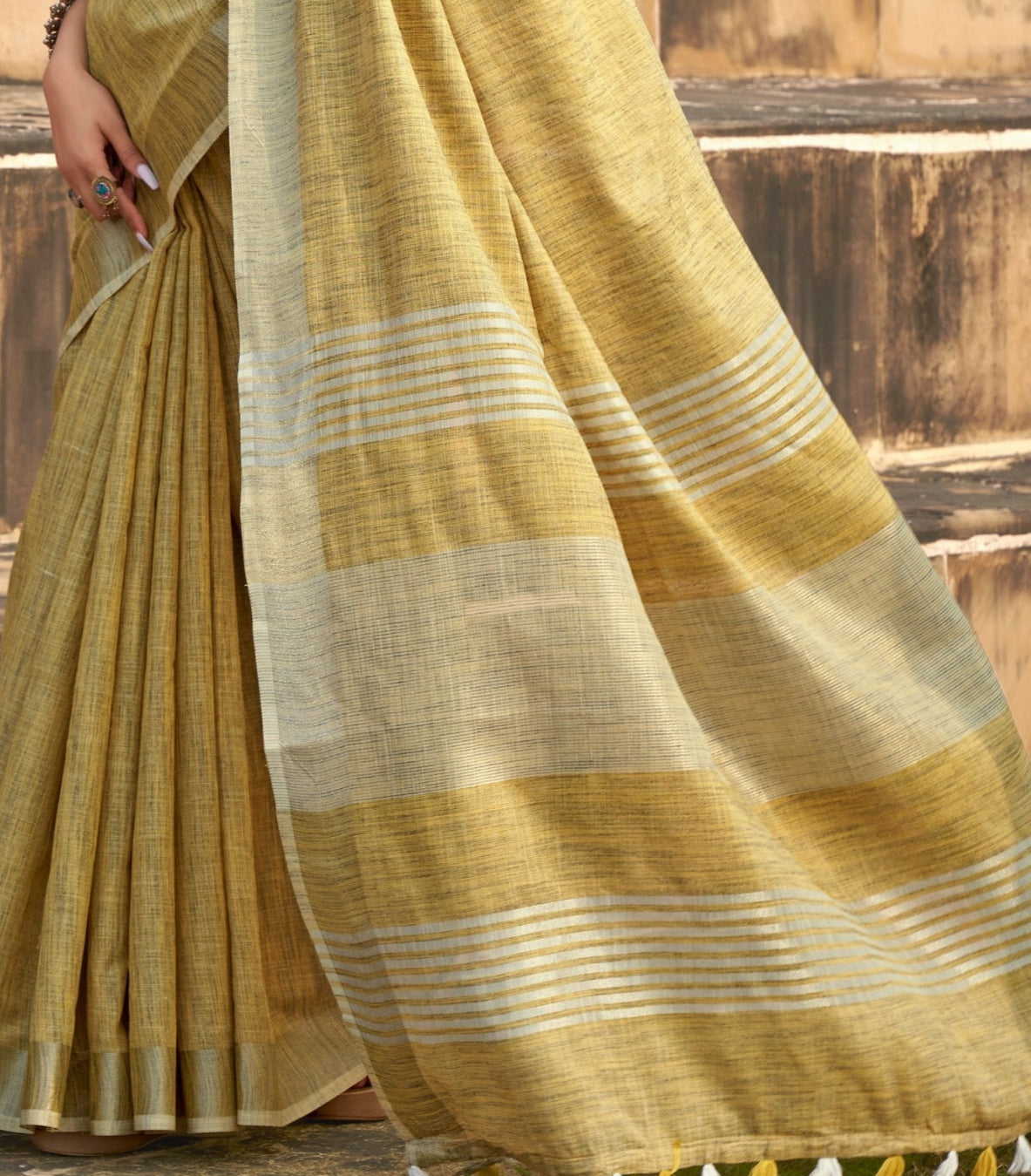 Soft Linen Silk With Khadi Print Mustard Yellow Saree