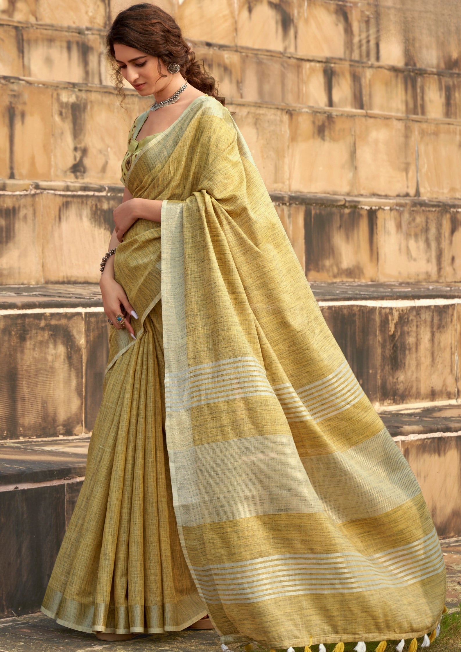Soft Linen Silk With Khadi Print Mustard Yellow Saree