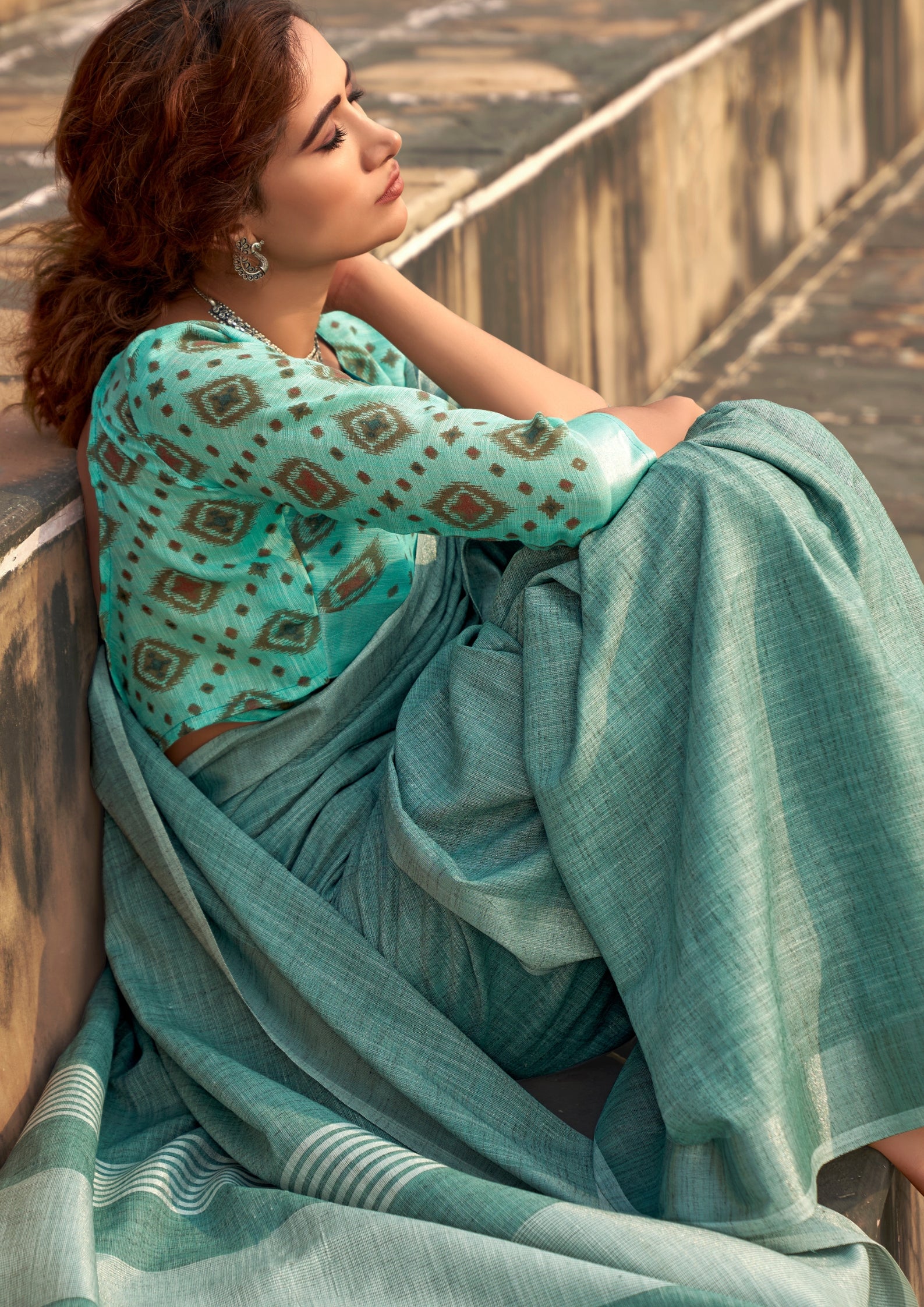 Soft Linen Silk With Khadi Print Cyan Blue Saree