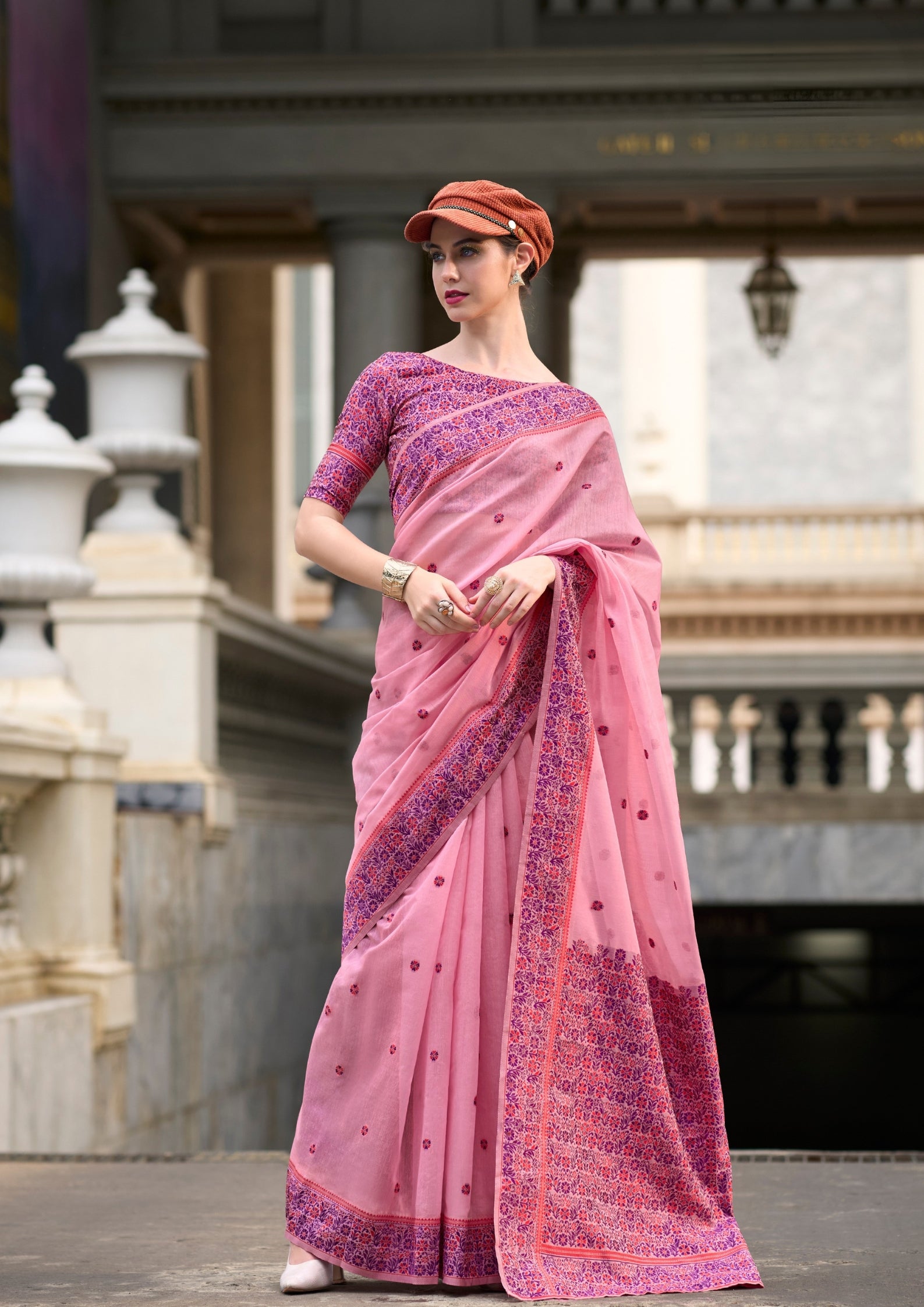 Soft Linen Cotton Pastel Pink Saree with a Pink and Blue Border