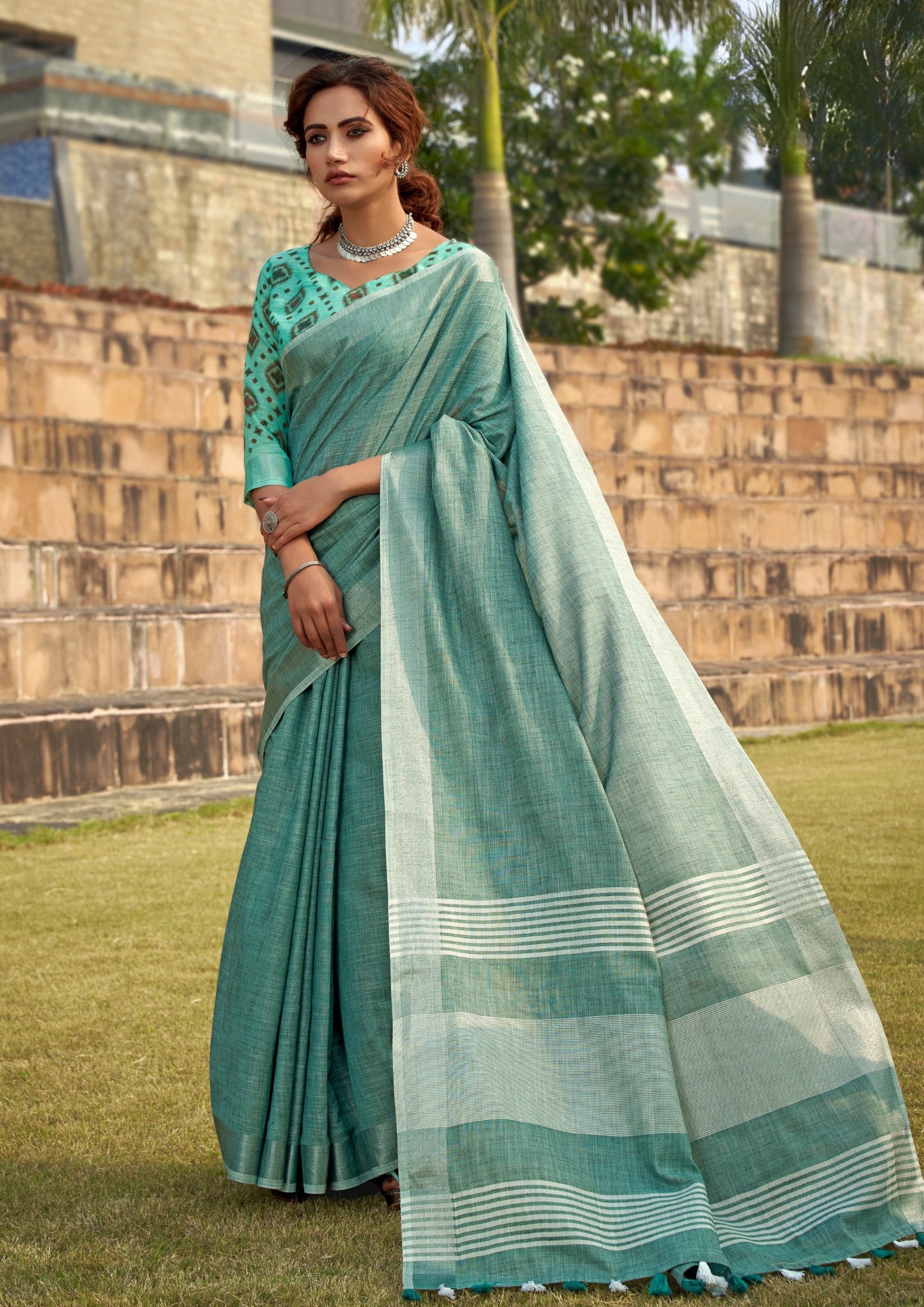 Soft Linen Silk With Khadi Print Cyan Blue Saree
