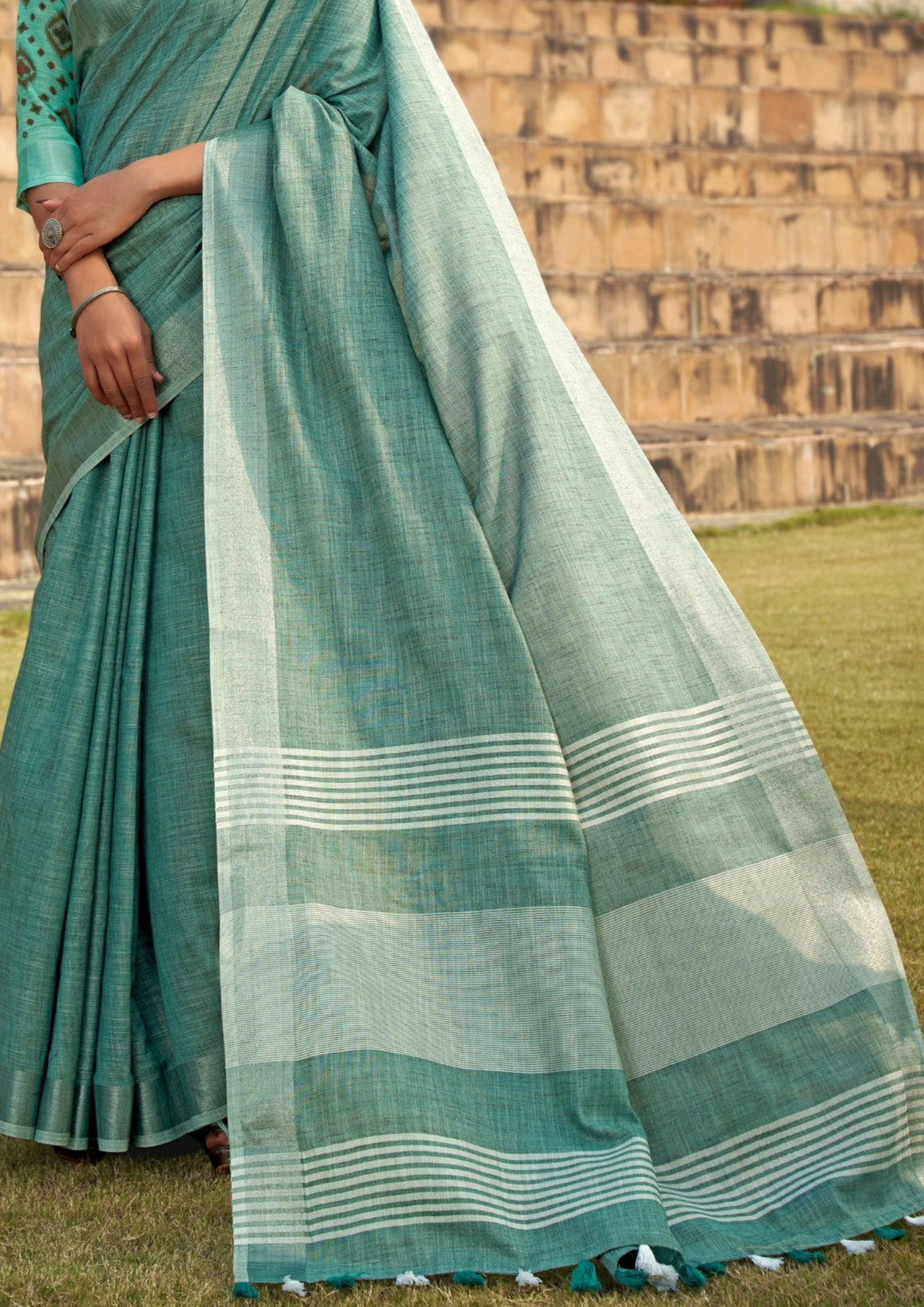 Soft Linen Silk With Khadi Print Cyan Blue Saree