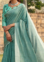 Soft Linen Silk With Khadi Print Cyan Blue Saree