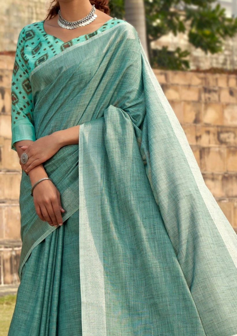 Soft Linen Silk With Khadi Print Cyan Blue Saree