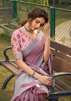 Soft Linen Silk With Khadi Print Rose Pink Saree