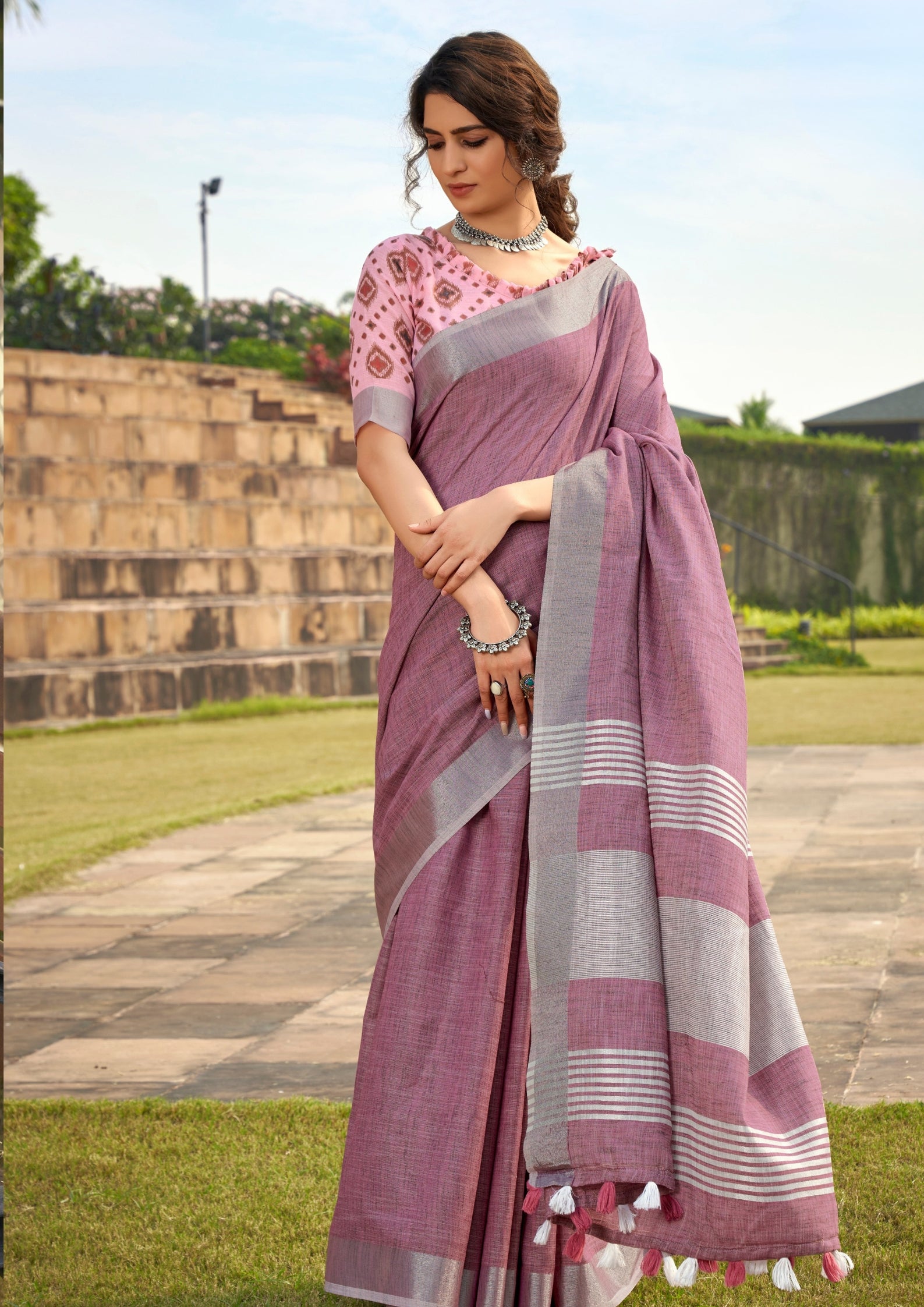 Soft Linen Silk With Khadi Print Rose Pink Saree