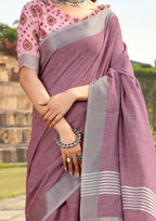 Soft Linen Silk With Khadi Print Rose Pink Saree