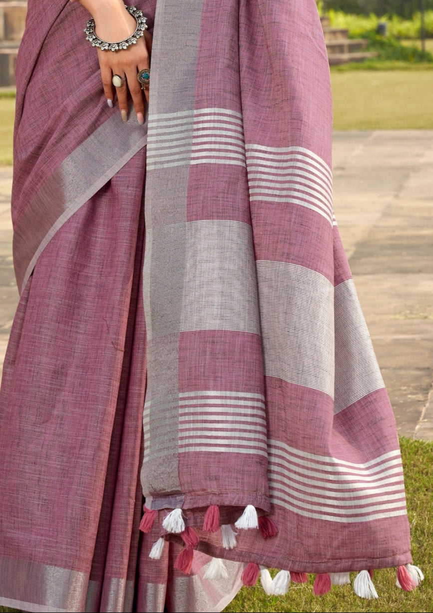 Soft Linen Silk With Khadi Print Rose Pink Saree
