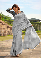 Soft Linen Silk With Khadi Print Light Grey Saree