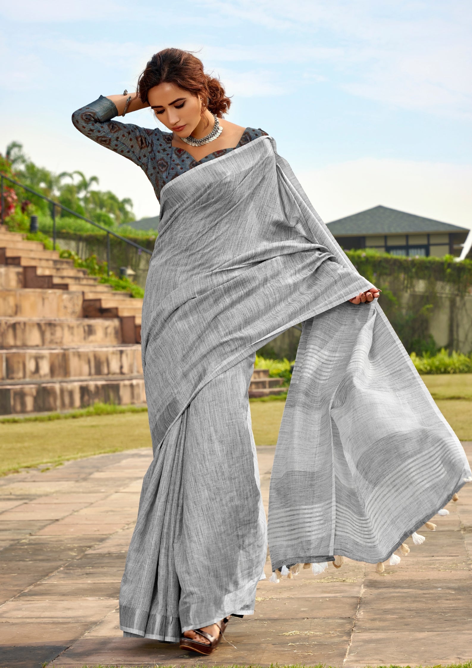 Soft Linen Silk With Khadi Print Light Grey Saree