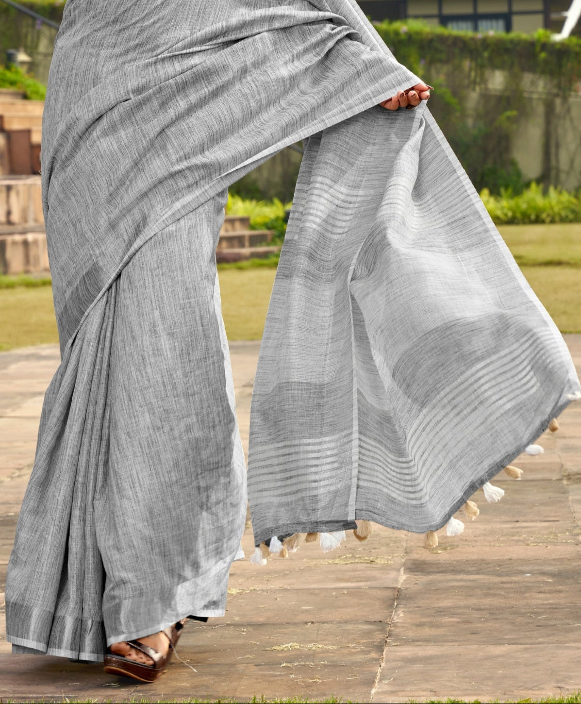 Soft Linen Silk With Khadi Print Light Grey Saree