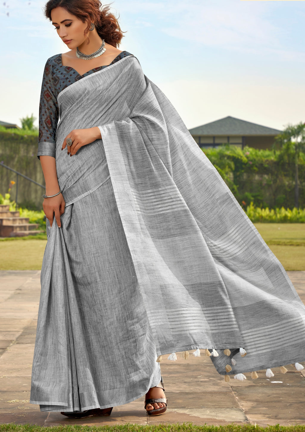 Soft Linen Silk With Khadi Print Light Grey Saree