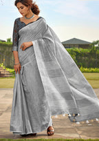 Soft Linen Silk With Khadi Print Light Grey Saree