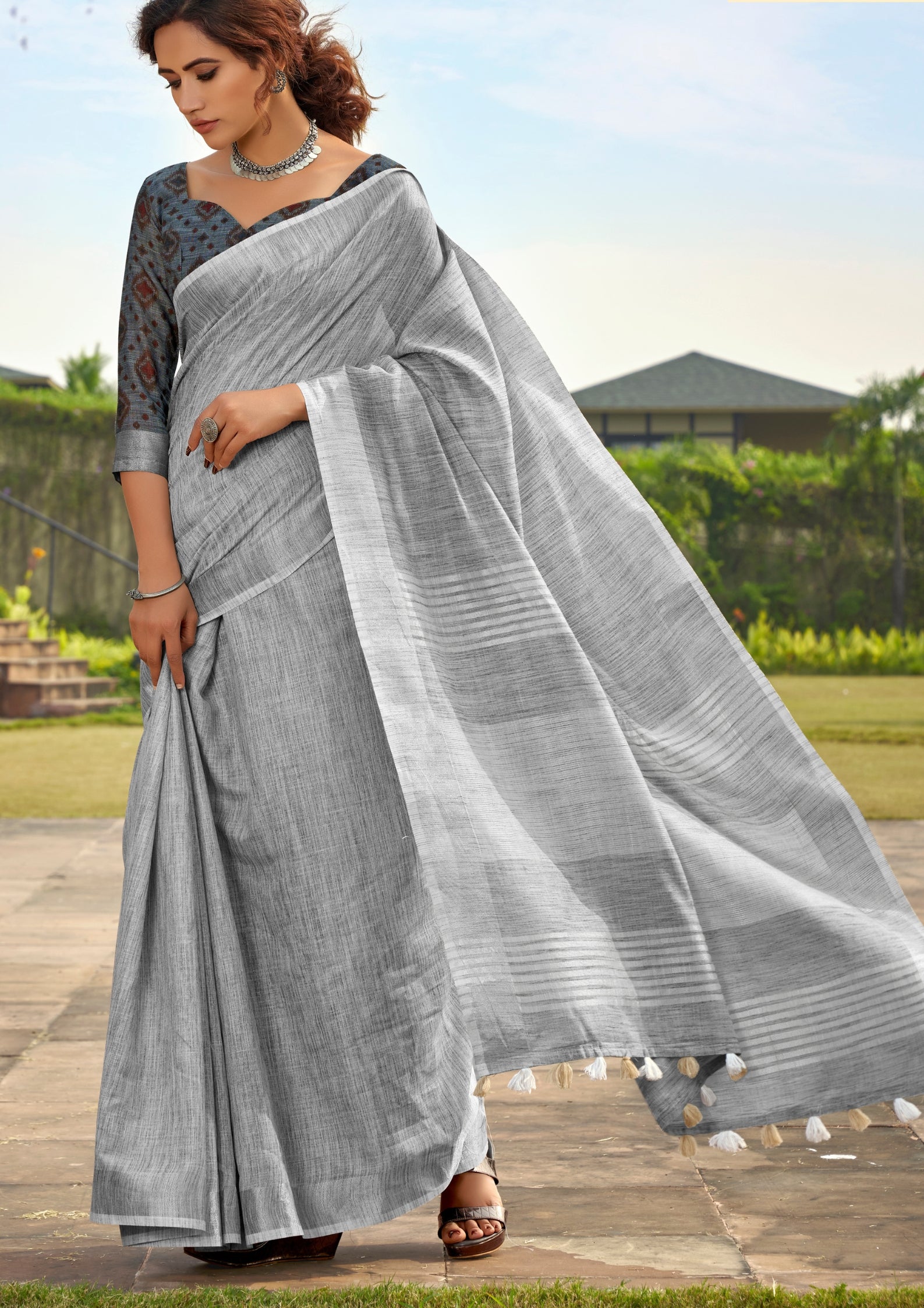 Soft Linen Silk With Khadi Print Light Grey Saree