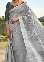 Soft Linen Silk With Khadi Print Light Grey Saree