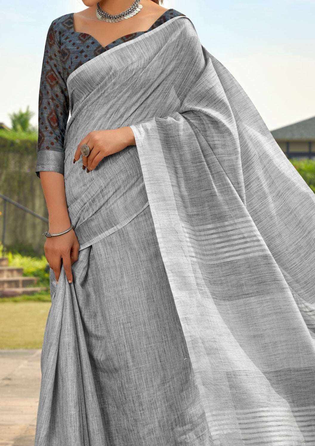 Soft Linen Silk With Khadi Print Light Grey Saree