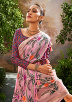 Linen Tissue Floral Hand Print Kalamkari Blouse Pastel Pink Saree