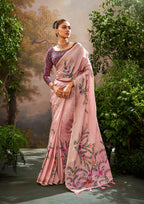 Linen Tissue Floral Hand Print Kalamkari Blouse Pastel Pink Saree