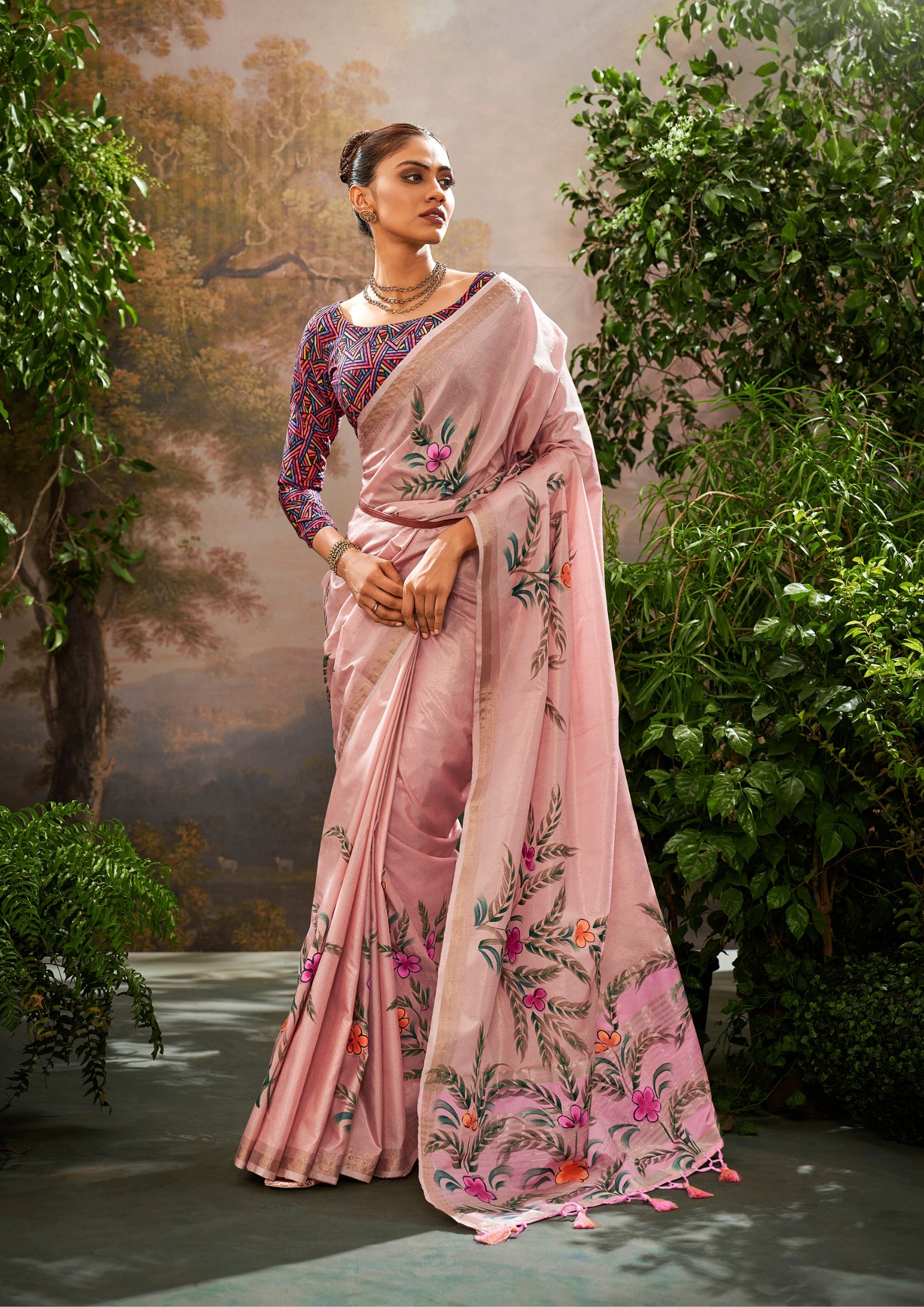 Linen Tissue Floral Hand Print Kalamkari Blouse Pastel Pink Saree