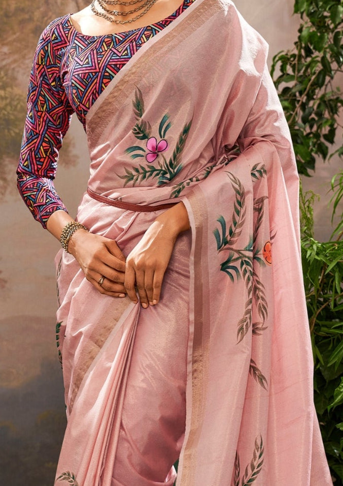 Linen Tissue Floral Hand Print Kalamkari Blouse Pastel Pink Saree